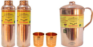 Indian Craft Villa Handmade Best Quality 100% Pure Copper 1 Jug Pitcher Capacity 2.1 Liter 2 Glass Cup Goblet Capacity 300 ML 2 Water Bottle Capacity 700 ML for Storage Water Good Health Benefits Yoga, Ayurveda Home Decorate Kitchen Dinning Ware Travel Bottle Gift Item Combo Set Water Jug Set
