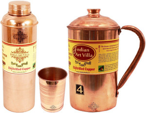 Indian art villa Set of 1 Copper Jug Pitcher with 1 Copper Glass Tumbler & 1 Bisleri Design Copper Water Bottle - Home Hotel Restaurant Tableware Water Jug Set