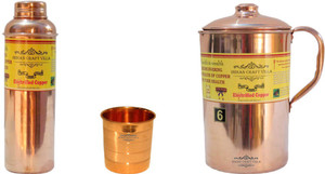Indian Craft Villa Handmade Best Quality 100% Pure Copper 1 Jug Pitcher Capacity 2.1 Liter 1 Glass Cup Goblet Capacity 300 ML 1 Bisleri Water Bottle Capacity 700 ML for Storage Water Good Health Benefits Yoga, Ayurveda Home Decorate Kitchen Dinning Ware Travel Bottle Gift Item Combo Set Water Jug Set
