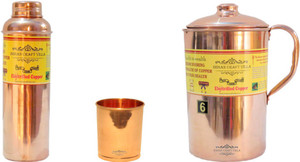 Indian Craft Villa Handmade Best Quality 100% Pure Copper 1 Jug Pitcher Capacity 2.1 Liter 1 Glass Cup Goblet Capacity 300 ML 1 Bisleri Water Bottle Capacity 700 ML for Storage Water Good Health Benefits Yoga, Ayurveda Home Decorate Kitchen Dinning Ware Travel Bottle Gift Item Combo Set Water Jug Set