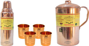 Indian Craft Villa Handmade Best Quality 100% Pure Copper 1 Jug Pitcher Capacity 2.1 Liter 4 Glass Cup Goblet Capacity 300 ML 1 Bisleri Water Bottle Capacity 700 ML for Storage Water Good Health Benefits Yoga, Ayurveda Home Decorate Kitchen Dinning Ware Travel Bottle Gift Item Combo Set Water Jug Set