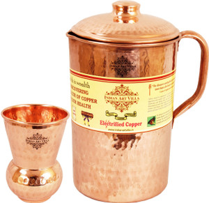 Indian art villa Hammered Copper Jug Pitcher with Glass Tumbler Cup - Storage Water Home Hotel Restaurant Tableware Serveware Water Jug Set