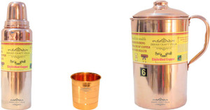 Indian Craft Villa Handmade Best Quality 100% Pure Copper 1 Jug Pitcher Capacity 2.1 Liter 1 Glass Cup Goblet Capacity 300 ML 1 Bisleri Water Bottle Capacity 700 ML for Storage Water Good Health Benefits Yoga, Ayurveda Home Decorate Kitchen Dinning Ware Travel Bottle Gift Item Combo Set Water Jug Set