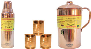 Indian Craft Villa Handmade Best Quality 100% Pure Copper 1 Jug Pitcher Capacity 2.1 Liter 3 Glass Cup Goblet Capacity 300 ML 1 Bisleri Bottle Capacity 700 ML for Storage Good Health Benefits Yoga, Ayurveda Home Decorate Kitchen Dinning Ware Gift Item Combo Set Water Jug Set