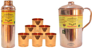 Indian Craft Villa Handmade Best Quality 100% Pure Copper 1 Jug Pitcher Capacity 2.1 Liter 6 Glass Cup Goblet Capacity 300 ML 1 Bisleri Water Bottle Capacity 700 ML for Storage Water Good Health Benefits Yoga, Ayurveda Home Decorate Kitchen Dinning Ware Travel Bottle Gift Item Water Jug Set