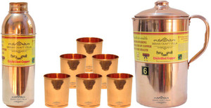 Indian Craft Villa Handmade Copper 1 Jug Pitcher Capacity 2.1 Liter 6 Glass Cup Goblet Capacity 300 ML 1 Bisleri Water Bottle Capacity 700 ML for Storage Water Good Health Benefits Yoga, Ayurveda Home Decorate Kitchen Dinning Ware Travel Bottle Gift Item Combo Set Water Jug Set