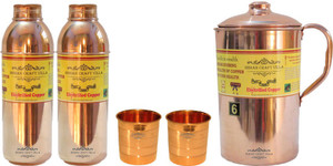 Indian Craft Villa Handmade Pure Copper 1 Jug Pitcher Capacity 2.1 Liter 2 Glass Cup Goblet Capacity 300 ML 2 Water Bottle Capacity 700 ML for Storage Water Good Health Benefits Yoga, Ayurveda Home Decorate Kitchen Dinning Ware Travel Bottle Gift Item Combo Set Water Jug Set