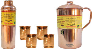 Indian Craft Villa Pure Copper 1 Jug Pitcher Capacity 2.1 Liter 4 Glass Cup Goblet Capacity 300 ML 1 Bisleri Water Bottle Capacity 700 ML for Storage Water Good Health Benefits Yoga, Ayurveda Home Decorate Kitchen Dinning Ware Travel Bottle Gift Item Combo Set Water Jug Set