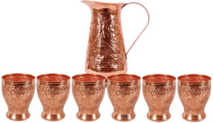Indian art villa Copper Designer Jug with 6 Flower Designe Glass Water Jug Set