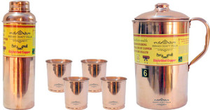 Indian Craft Villa Handmade Best Quality 100% Pure Copper 1 Jug Pitcher Capacity 2.1 Liter 4 Glass Cup Goblet With Lid Capacity 300 ML 1 Water Bottle Capacity 700 ML for Storage Water Good Health Benefits Yoga, Ayurveda Home Decorate Kitchen Dinning Ware Travel Bottle Gift Item Water Jug Set