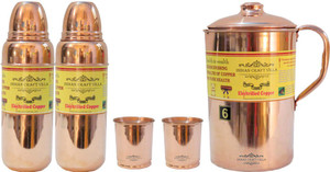 Indian Craft Villa Handmade Best Quality 100% Pure Copper 1 Jug Pitcher Capacity 2.1 Liter 2 Glass Cup Goblet With Lid Capacity 300 ML 2 Water Bottle Capacity 700 ML for Storage Water Good Health Benefits Yoga, Ayurveda Home Decorate Kitchen Dinning Ware Travel Bottle Gift Item Combo Set Water Jug Set