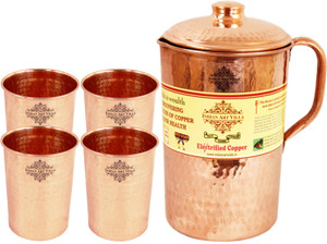 Indian art villa Copper Hammer Jug No.6, 4 Copper Large Flate Hammer Glass Water Jug Set