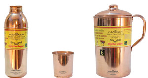 Indian Craft Villa Handmade Copper 1 Jug Pitcher Capacity 2.1 Liter 1 Glass Cup Goblet With Lid Capacity 300 ML 1 Water Bottle Capacity 700 ML for Storage Water Good Health Benefits Yoga, Ayurveda Home Decorate Kitchen Dinning Ware Travel Bottle Gift Item Combo Set Water Jug Set