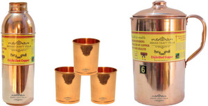Indian Craft Villa I Handmade Copper 1 Jug Pitcher Capacity 2.1 Liter 3 Glass Cup Goblet Capacity 300 ML 1 Bisleri Water Bottle Capacity 700 ML for Storage Water Good Health Benefits Yoga, Ayurveda Home Decorate Kitchen Dinning Ware Travel Bottle Gift Item Combo Set Water Jug Set