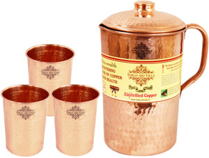 IndianArtVilla Copper Hammer Jug No.4, 3 Copper Large Flate Hammer Glass Water Jug Set