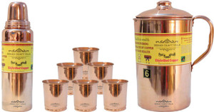 Indian Craft Villa Handmade Copper 1 Jug Pitcher Capacity 2.1 Liter 6 Glass Cup Goblet With Lid Capacity 300 ML 1 Water Bottle Capacity 700 ML for Storage Water Good Health Benefits Yoga, Ayurveda Home Decorate Kitchen Dinning Ware Travel Bottle Gift Item Combo Set Water Jug Set