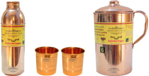 Indian Craft Villa Copper 1 Jug Pitcher Capacity 2.1 Liter 2 Glass Cup Goblet Capacity 300 ML 1 Bisleri Water Bottle Capacity 700 ML for Storage Water Good Health Benefits Yoga, Ayurveda Home Decorate Kitchen Dinning Ware Travel Bottle Gift Item Water Jug Set