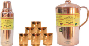 Indian Craft Villa Handmade Copper 1 Jug Pitcher Capacity 2.1 Liter 6 Glass Cup Goblet Capacity 300 ML 1 Bisleri Water Bottle Capacity 700 ML for Storage Water Good Health Benefits Yoga, Ayurveda Home Decorate Kitchen Dinning Ware Travel Bottle Gift Item Combo Set Water Jug Set