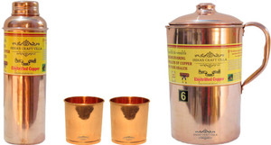 Indian Craft Villa Handmade Best Quality 100% Pure Copper 1 Jug Pitcher Capacity 2.1 Liter 2 Glass Cup Goblet Capacity 300 ML 1 Bisleri Water Bottle Capacity 700 ML for Storage Water Good Health Benefits Yoga, Ayurveda Home Decorate Kitchen Dinning Ware Travel Bottle Gift Item Combo Set Water Jug Set