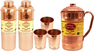 IndianArtVilla Copper Set of 1 Jug Pitcher with 3 Glass Tumbler & 2 Bisleri Design Water Bottle Water Jug