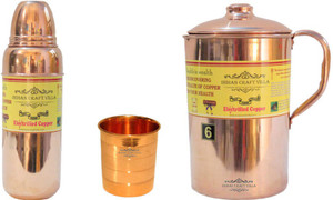 Indian Craft Villa Handmade Best Quality 100% Pure Copper 1 Jug Pitcher Capacity 2.1 Liter 1 Glass Cup Goblet Capacity 300 ML 1 Water Bottle Capacity 700 ML for Storage Water Good Health Benefits Yoga, Ayurveda Home Decorate Kitchen Dinning Ware Travel Bottle Gift Item Combo Set Water Jug Set
