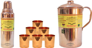 Indian Craft Villa Handmade Best Quality 100% Pure Copper 1 Jug Pitcher Capacity 2.1 Liter 6 Glass Cup Goblet Capacity 300 ML 1 Bisleri Bottle Capacity 700 ML for Storage Water Good Health Benefits Yoga, Ayurveda Home Decorate Kitchen Dinning Ware Gift Item Combo Set Water Jug Set