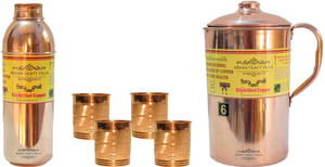 Indian Craft Villa Handmade Best Quality 100% Pure Copper 1 Jug Pitcher Capacity 2.1 Liter 4 Glass Cup Goblet Capacity 300 ML 1 Bisleri Water Bottle Capacity 700 ML for Storage Water Good Health Benefits Yoga, Ayurveda Home Decorate Kitchen Dinning Ware Travel Bottle Gift Item Combo Set Water Jug Set