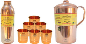 Indian Craft Villa Handmade Best Quality 100% Pure Copper 1 Jug Pitcher Capacity 2.1 Liter 6 Glass Cup Goblet Capacity 300 ML 1 Bisleri Water Bottle Capacity 700 ML for Storage Water Good Health Benefits Yoga, Ayurveda Home Decorate Kitchen Dinning Ware Travel Bottle Gift Item Combo Set Water Jug Set