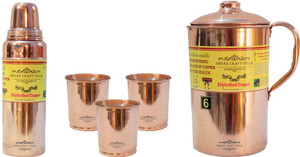 Indian Craft Villa Handmade Copper 1 Jug Pitcher Capacity 2.1 Liter 3 Glass Cup Goblet With Lid Capacity 300 ML 1 Water Bottle Capacity 700 ML for Storage Water Good Health Benefits Yoga, Ayurveda Home Decorate Kitchen Dinning Ware Travel Bottle Gift Item Combo Set Water Jug Set