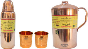 Indian Craft Villa Handmade Best Quality 100% Pure Copper 1 Jug Pitcher Capacity 2.1 Liter 2 Glass Cup Goblet Capacity 300 ML 1 Water Bottle Capacity 700 ML for Storage Water Good Health Benefits Yoga, Ayurveda Home Decorate Kitchen Dinning Ware Travel Bottle Gift Item Combo Set Water Jug Set