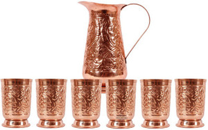 Indian art villa Copper Designer Jug with 6 Designer Glass(with Bottom) Water Jug Set