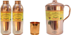 Indian Craft Villa Handmade Pure Copper 1 Jug Pitcher Capacity 2.1 Liter 1 Glass Cup Goblet Capacity 300 ML 2 Water Bottle Capacity 700 ML for Storage Water Good Health Benefits Yoga, Ayurveda Home Decorate Kitchen Dinning Ware Travel Bottle Gift Item Combo Set Water Jug Set