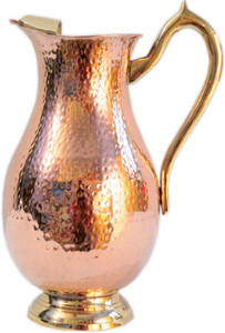 Indian Craft Villa Handmade Mughlai Copper & Nickel Jug Pitcher Pot Volume 2.1 Liter for Storage Water Home Decorating Showcase for Good Health Benefits Yoga, Ayurveda Water Jug