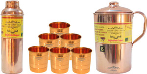 Indian Craft Villa Handmade Best Quality 100% Pure Copper 1 Jug Pitcher Capacity 2.1 Liter 6 Glass Cup Goblet Capacity 300 ML 1 Bisleri Water Bottle Capacity 700 ML for Storage Water Good Health Benefits Yoga, Ayurveda Home Decorate Kitchen Dinning Ware Travel Bottle Gift Item Water Jug Set