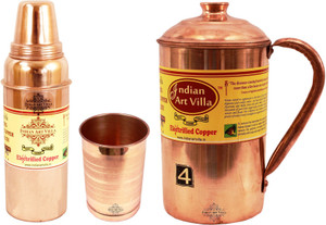 IndianArtVilla Set of 1 Copper Jug Pitcher with 1 Copper Glass Tumbler & 1 Copper Water Bottle Thermos Design Bottle - Home Hotel Restaurant Tableware Water Jug