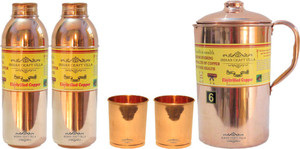 Indian Craft Villa Handmade Pure Copper 1 Jug Pitcher Capacity 2.1 Liter 2 Glass Cup Goblet Capacity 300 ML 2 Water Bottle Capacity 700 ML for Storage Water Good Health Benefits Yoga, Ayurveda Home Decorate Kitchen Dinning Ware Travel Bottle Gift Item Combo Set Water Jug Set