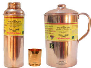 Indian Craft Villa Handmade Best Quality 100% Pure Copper 1 Jug Pitcher Capacity 2.1 Liter 1 Glass Cup Goblet Capacity 300 ML 1 Bisleri Water Bottle Capacity 700 ML for Storage Water Good Health Benefits Yoga, Ayurveda Home Decorate Kitchen Dinning Ware Travel Bottle Gift Item Combo Set Water Jug Set