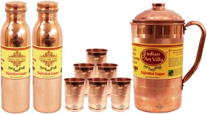 IndianArtVilla Copper Set of 1 Jug Pitcher with 6 Glass & 2 Bottle Water Jug