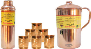 Indian Craft Villa Handmade Best Quality 100% Pure Copper 1 Jug Pitcher Capacity 2.1 Liter 6 Glass Cup Goblet Capacity 300 ML 1 Bisleri Water Bottle Capacity 700 ML for Storage Water Good Health Benefits Yoga, Ayurveda Home Decorate Kitchen Dinning Ware Travel Bottle Gift Item Combo Set Water Jug Set