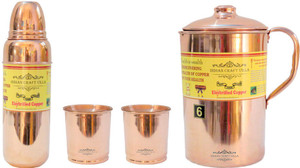 Indian Craft Villa InHandmade Best Quality 100% Pure Copper 1 Jug Pitcher Capacity 2.1 Liter 2 Glass Cup Goblet With Lid Capacity 300 ML 1 Water Bottle Capacity 700 ML for Storage Water Good Health Benefits Yoga, Ayurveda Home Decorate Kitchen Dinning Ware Travel Bottle Gift Item Combo Set Water Jug Set