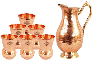 Indian art villa Copper Nickel Hammered Jug Pitcher with 6 Copper Hammered Glass Tumbler Cup - Storage Water Home Hotel Restaurant Tableware Serveware Water Jug Set