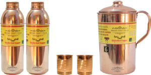 Indian Craft Villa Handmade Pure Copper 1 Jug Pitcher Capacity 2.1 Liter 2 Glass Cup Goblet Capacity 300 ML 2 Water Bottle Capacity 700 ML for Storage Water Good Health Benefits Yoga, Ayurveda Home Decorate Kitchen Dinning Ware Travel Bottle Gift Item Combo Set Water Jug Set