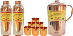 Indian Craft Villa Handmade Best Quality 100% Pure Copper 1 Jug Pitcher Capacity 2.1 Liter 6 Glass Cup Goblet Capacity 300 ML 2 Water Bottle Capacity 700 ML for Storage Water Good Health Benefits Yoga, Ayurveda Home Decorate Kitchen Dinning Ware Travel Bottle Gift Item Combo Set Water Jug Set