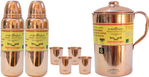 Indian Craft Villa Pure Copper 1 Jug Pitcher Capacity 2.1 Liter 4 Glass Cup Goblet With Lid Capacity 300 ML 2 Water Bottle Capacity 700 ML for Storage Water Good Health Benefits Yoga, Ayurveda Home Decorate Kitchen Dinning Ware Travel Bottle Gift Item Combo Set Water Jug Set