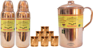 Indian Craft Villa Handmade Best Quality 100% Pure Copper 1 Jug Pitcher Capacity 2.1 Liter 6 Glass Cup Goblet Capacity 300 ML 2 Water Bottle Capacity 700 ML for Storage Water Good Health Benefits Yoga, Ayurveda Home Decorate Kitchen Dinning Ware Travel Bottle Gift Item Combo Set Water Jug Set