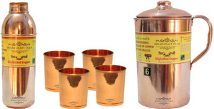 Indian Craft Villa Handmade Best Quality 100% Pure Copper 1 Jug Pitcher Capacity 2.1 Liter 4 Glass Cup Goblet Capacity 300 ML 1 Bisleri Water Bottle Capacity 700 ML for Storage Water Good Health Benefits Yoga, Ayurveda Home Decorate Kitchen Dinning Ware Travel Bottle Gift Item Combo Set Water Jug Set