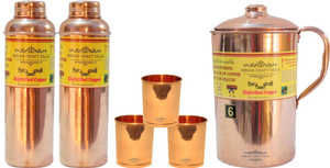 Indian Craft Villa Handmade Best Quality 100% Pure Copper 1 Jug Pitcher Capacity 2.1 Liter 3 Glass Cup Goblet Capacity 300 ML 2 Water Bottle Capacity 700 ML for Storage Water Good Health Benefits Yoga, Ayurveda Home Decorate Kitchen Dinning Ware Travel Bottle Gift Item Combo Set Water Jug Set