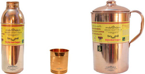 Indian Craft Villa Handmade Copper 1 Jug Pitcher Capacity 2.1 Liter 1 Glass Cup Goblet Capacity 300 ML 1 Bisleri Water Bottle Capacity 700 ML for Storage Water Good Health Benefits Yoga, Ayurveda Home Decorate Kitchen Dinning Ware Travel Bottle Gift Item Combo Set Water Jug Set
