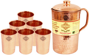 IndianArtVilla Copper Hammer Jug No.4, 6 Copper Large Flate Hammer Glass Water Jug Set