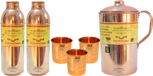 Indian Craft Villa Handmade Pure Copper 1 Jug Pitcher Capacity 2.1 Liter 3 Glass Cup Goblet Capacity 300 ML 2 Water Bottle Capacity 700 ML for Storage Water Good Health Benefits Yoga, Ayurveda Home Decorate Kitchen Dinning Ware Travel Bottle Gift Item Combo Set Water Jug Set